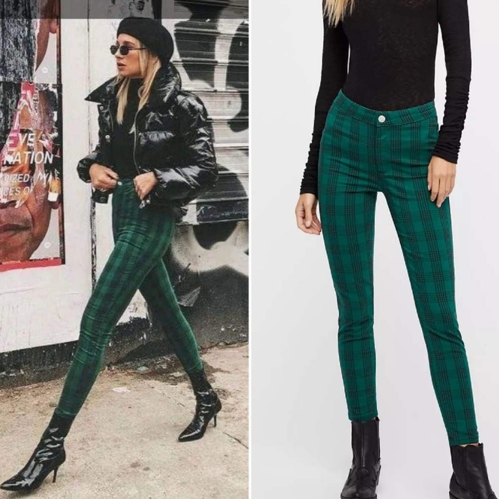 Women’s Free People Green Plaid Pants Jean Cropped, High‎ Rise Size 29